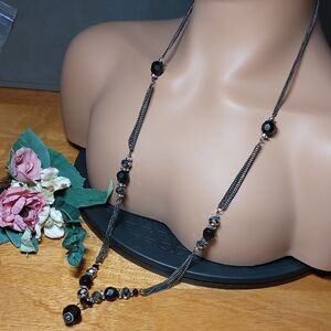 32" Long Black Station Bead Necklace Gunmetal Chain